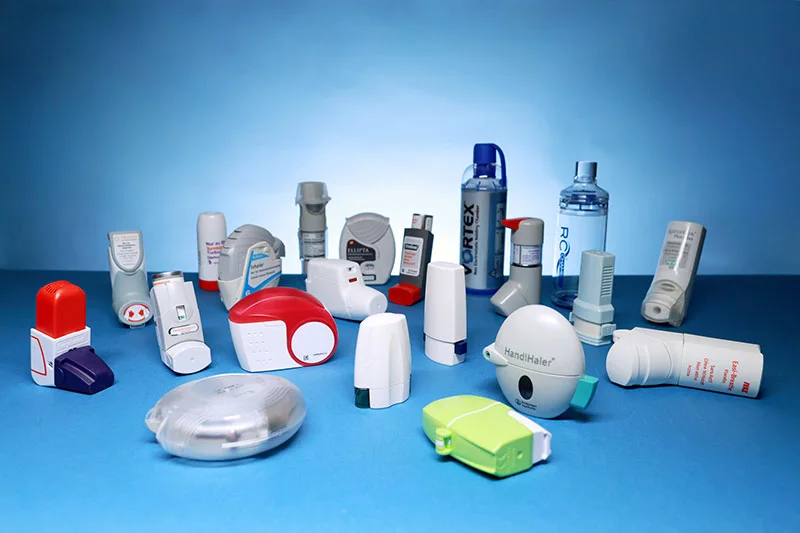 A range of inhaler devices: metered-dose, dry powder and soft mist inhalers, and spacers