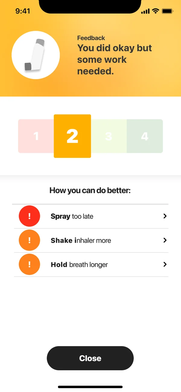 Kata inhalation result: 100% inhalation effectiveness, with shake, exhalation, inhalation and breath hold rated