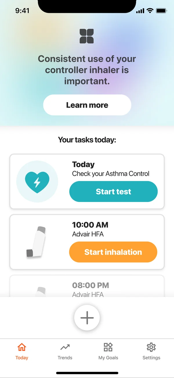 Kata app home screen with today's tasks: an asthma control test and scheduled inhalations